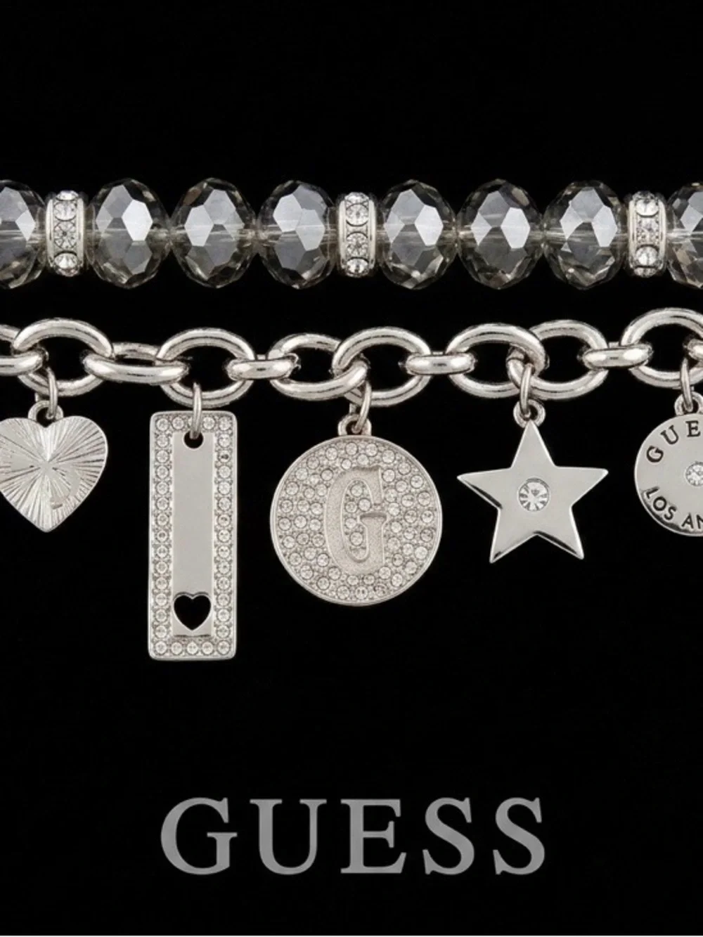 GUESS Silver Charm & Crystal Bead Bracelet - Silver